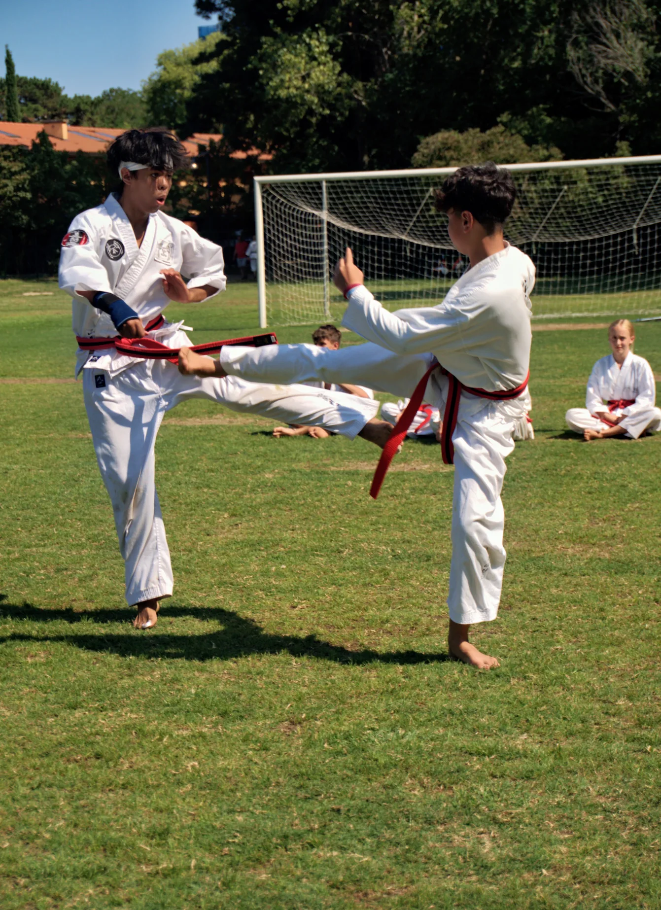 Zwei Taekwondo-Schüler beim dynamischen Kick-Training auf einer Rasenfläche im Freien.