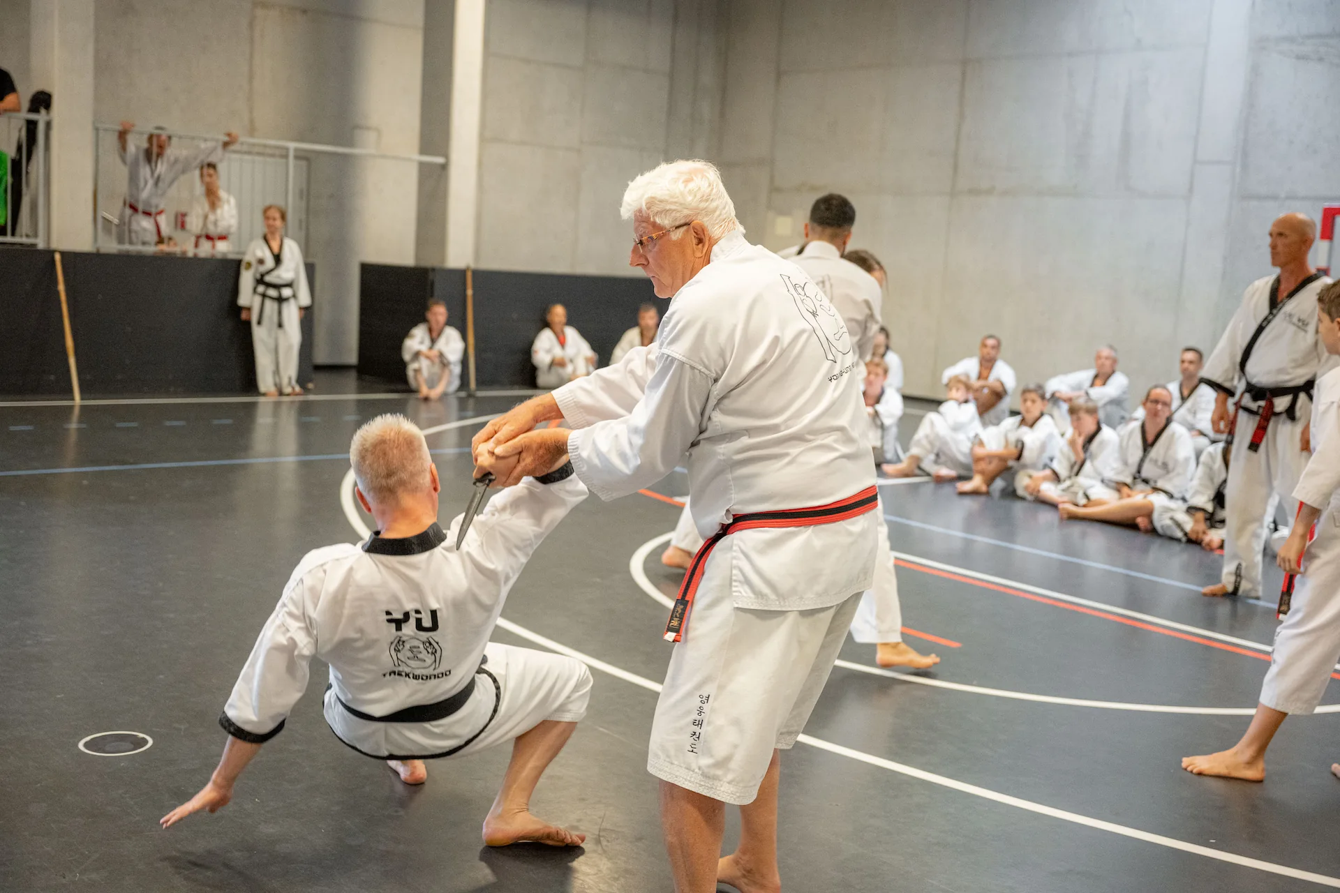 Waffen-Workshop zur Selbstverteidigung: Ein erfahrener Taekwondo-Meister demonstriert die Messerabwehr im Training.