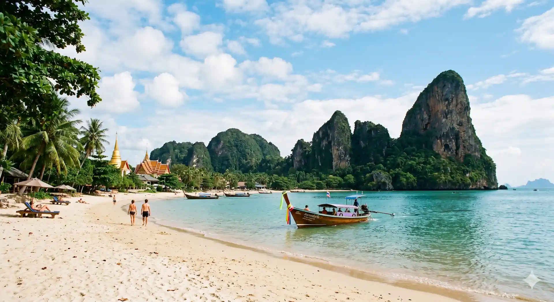 Traditionelles Longtail-Boot an einem weißen Sandstrand in Thailand vor markanten Kalksteinfelsen.